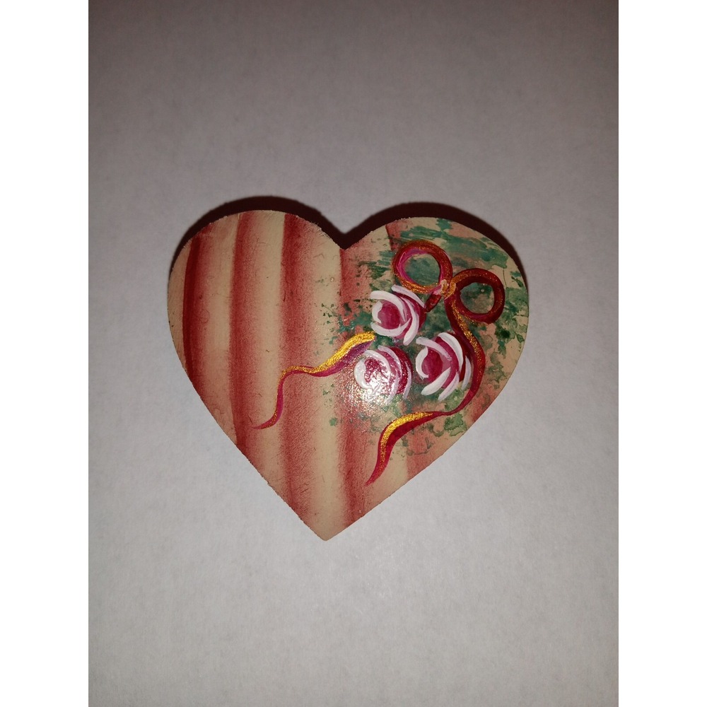 Vintage Hand Painted Wood Heart Brooch Signed Sue 1999 Floral Roses Red Stripes